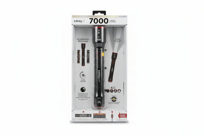 Infinity XP flashlight in packaging on a black speckled surface