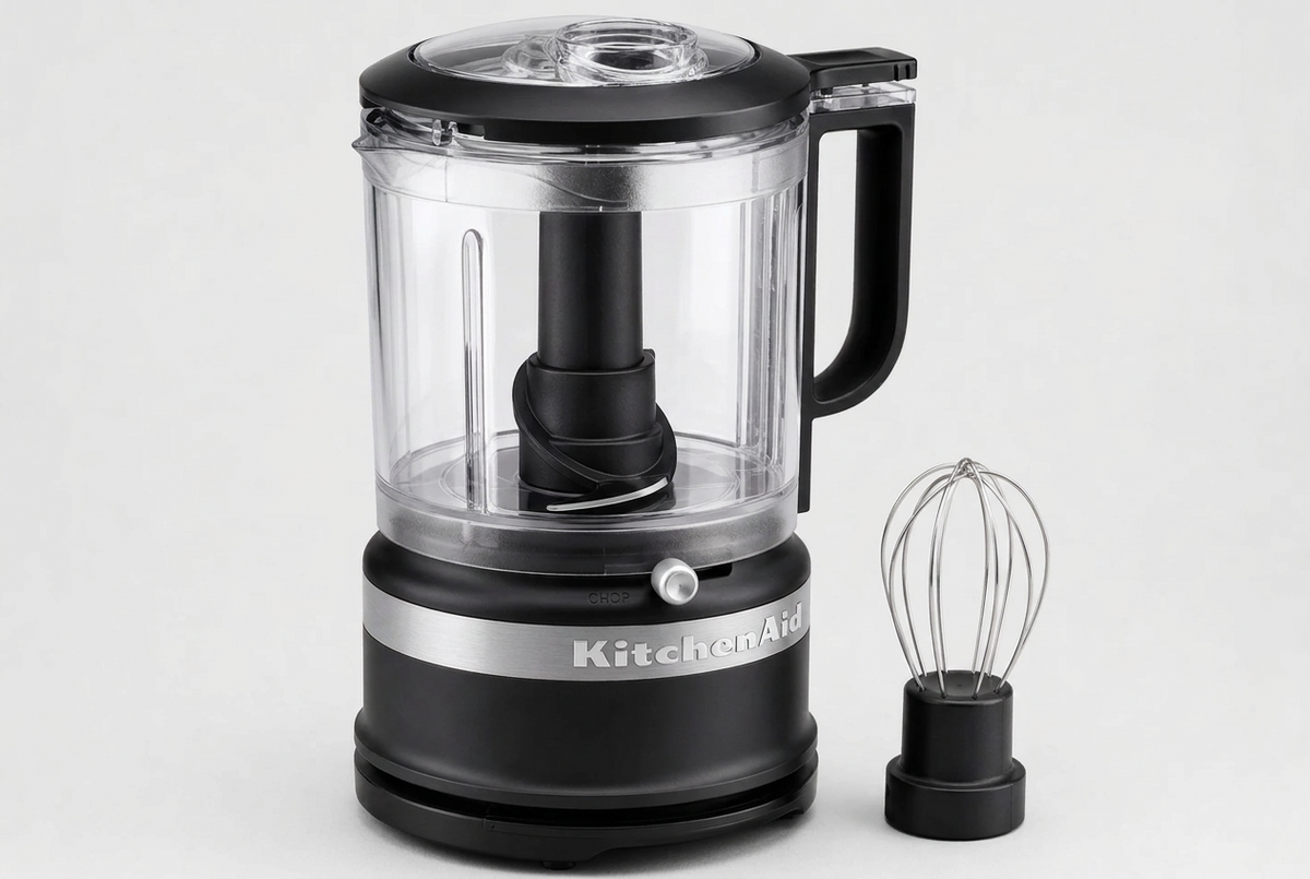KitchenAid 5-cup matte black food chopper with whisk accessory