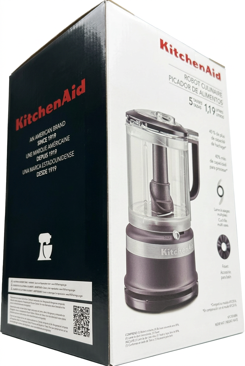KitchenAid food processor packaging with black and white design