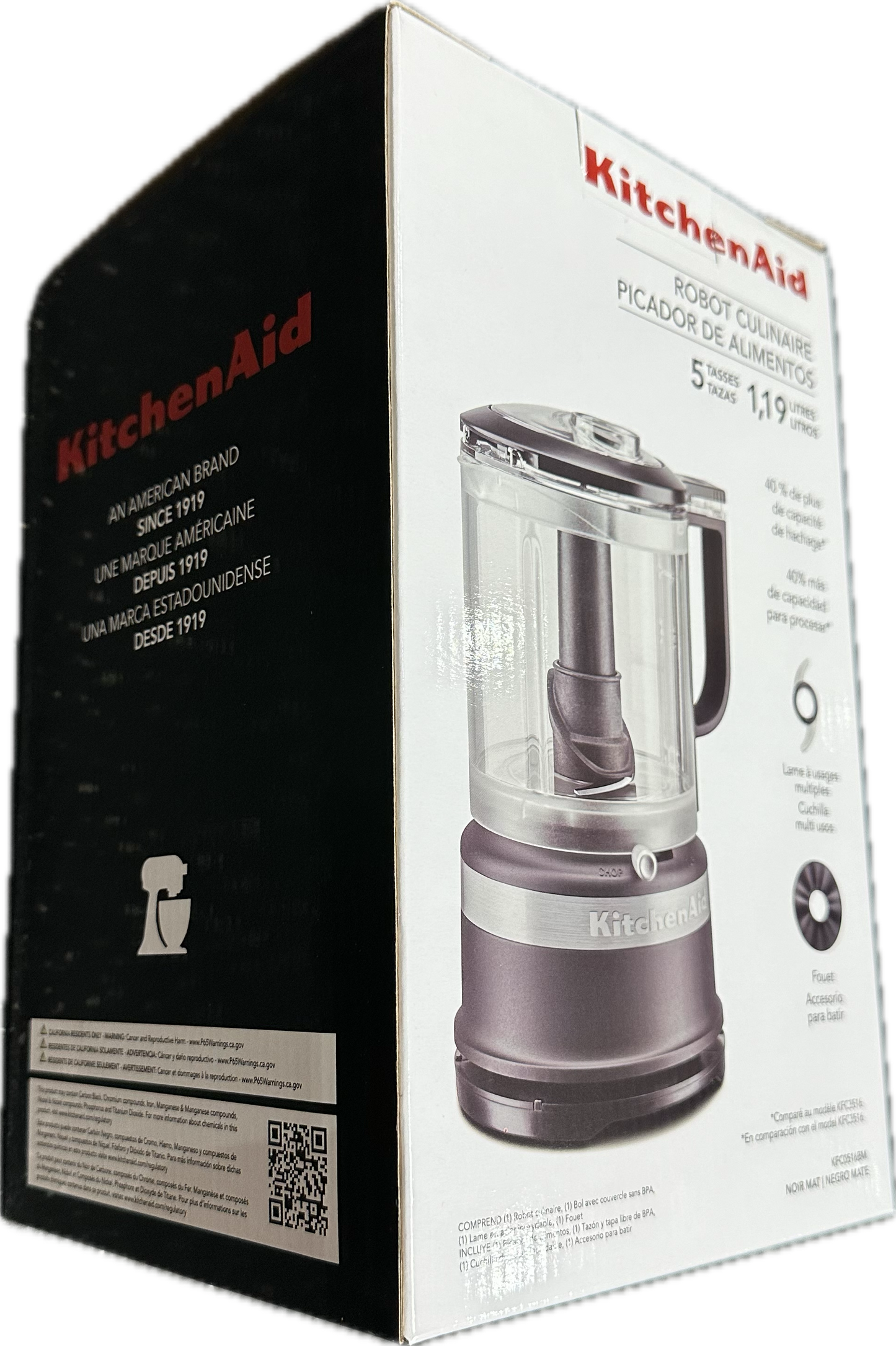 KitchenAid food processor packaging with black and white design