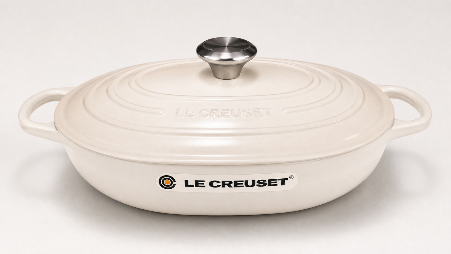 Le Creuset oblong casserole in Meringue color with lid