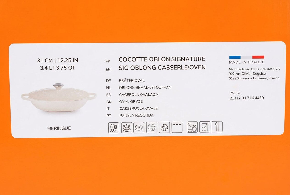 Le Creuset oblong casserole package label for Meringue variant