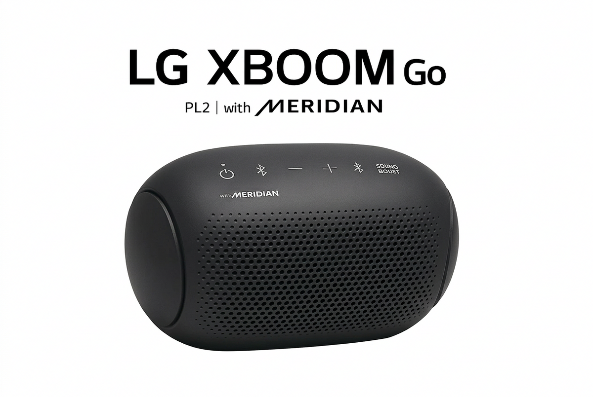 Black LG XBOOM Go speaker with Meridian logo on a white background