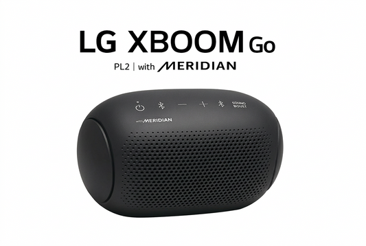 Black LG XBOOM Go speaker with Meridian logo on a white background