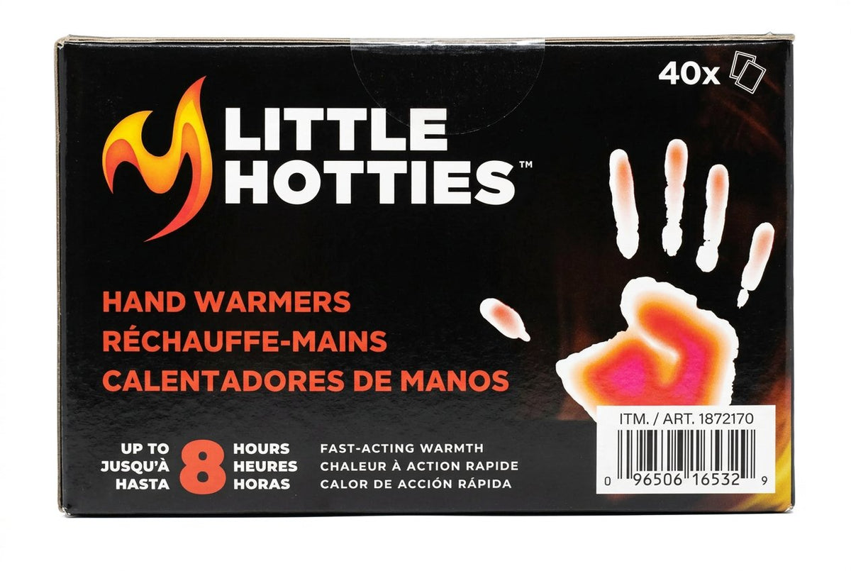 Box of Little Hotties hand warmers on a dark textured background