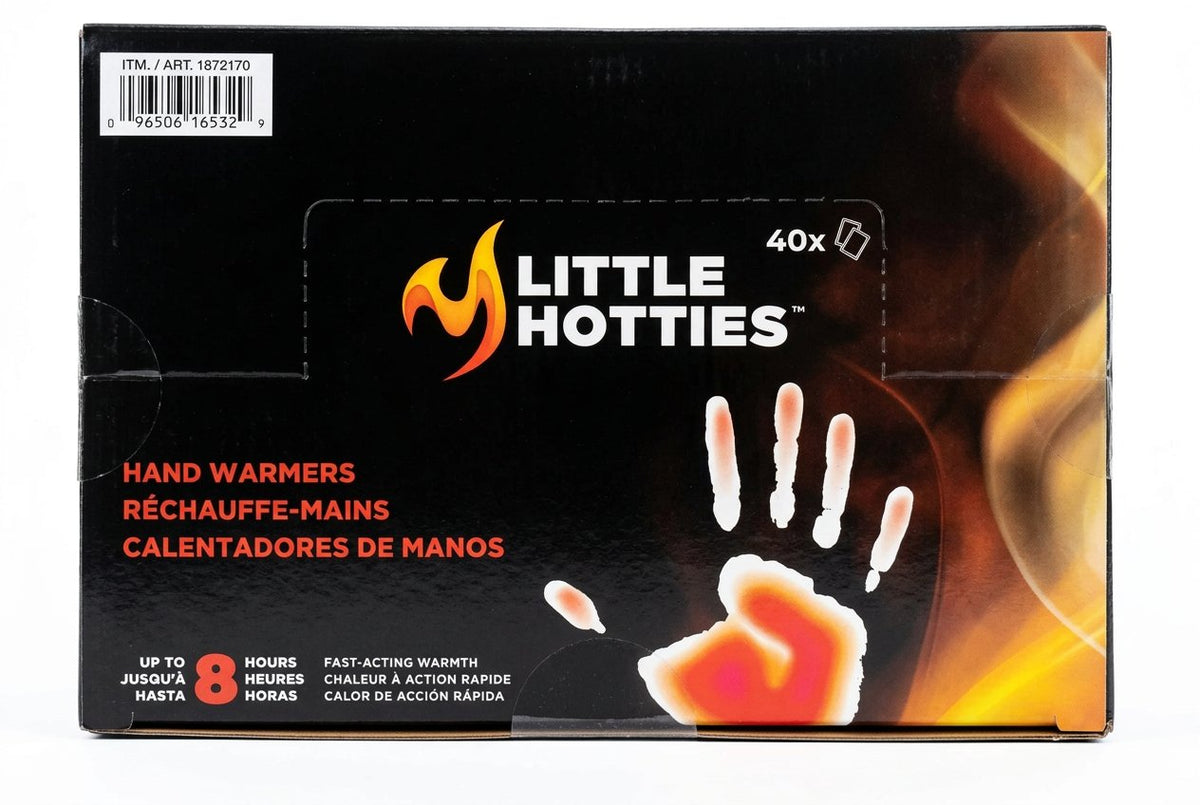 Box of Little Hotties hand warmers on a black background