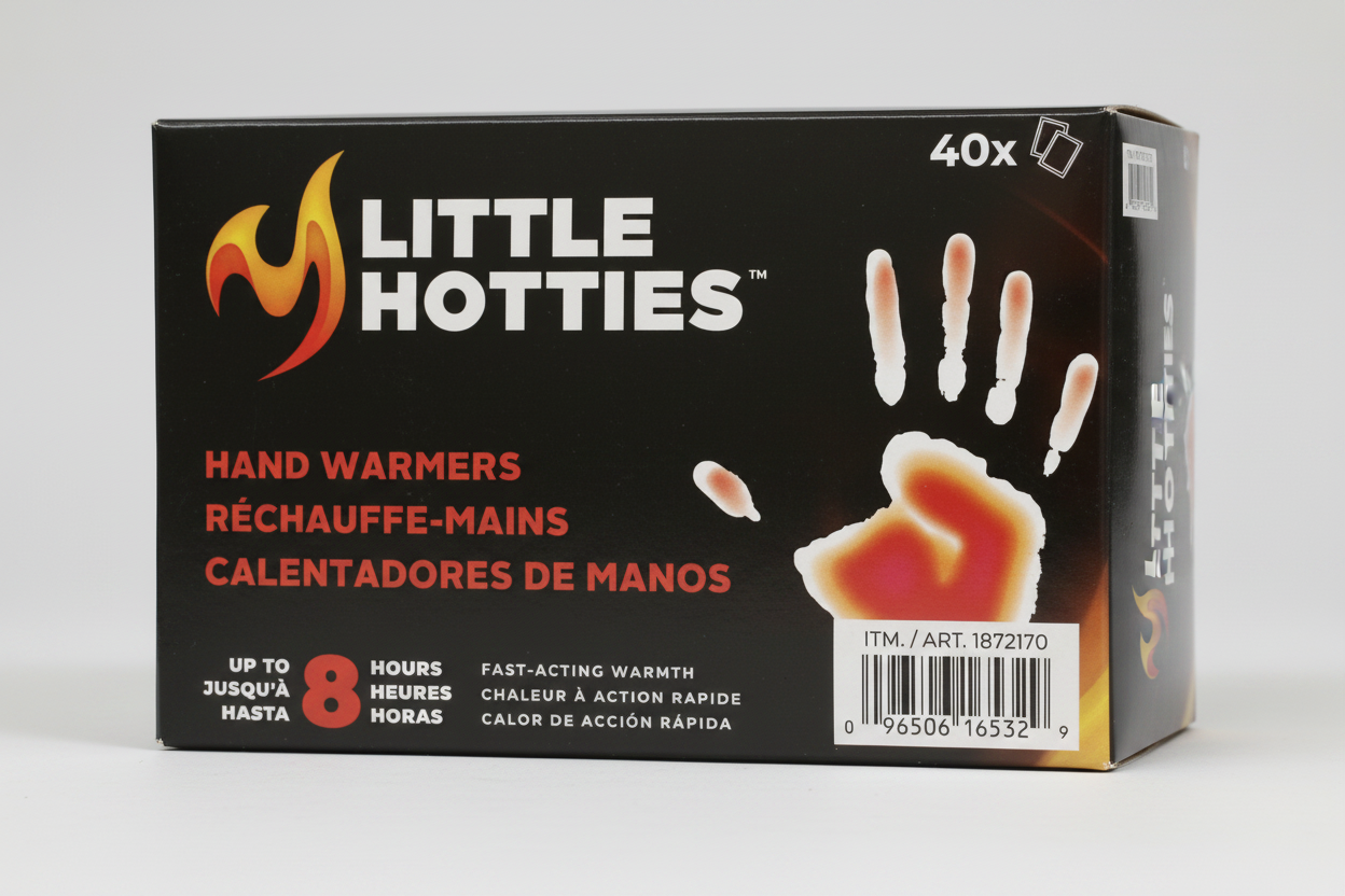 Box of Little Hotties hand warmers with branding and product details on a gray background