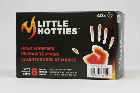 Box of Little Hotties hand warmers with branding and product details on a gray background