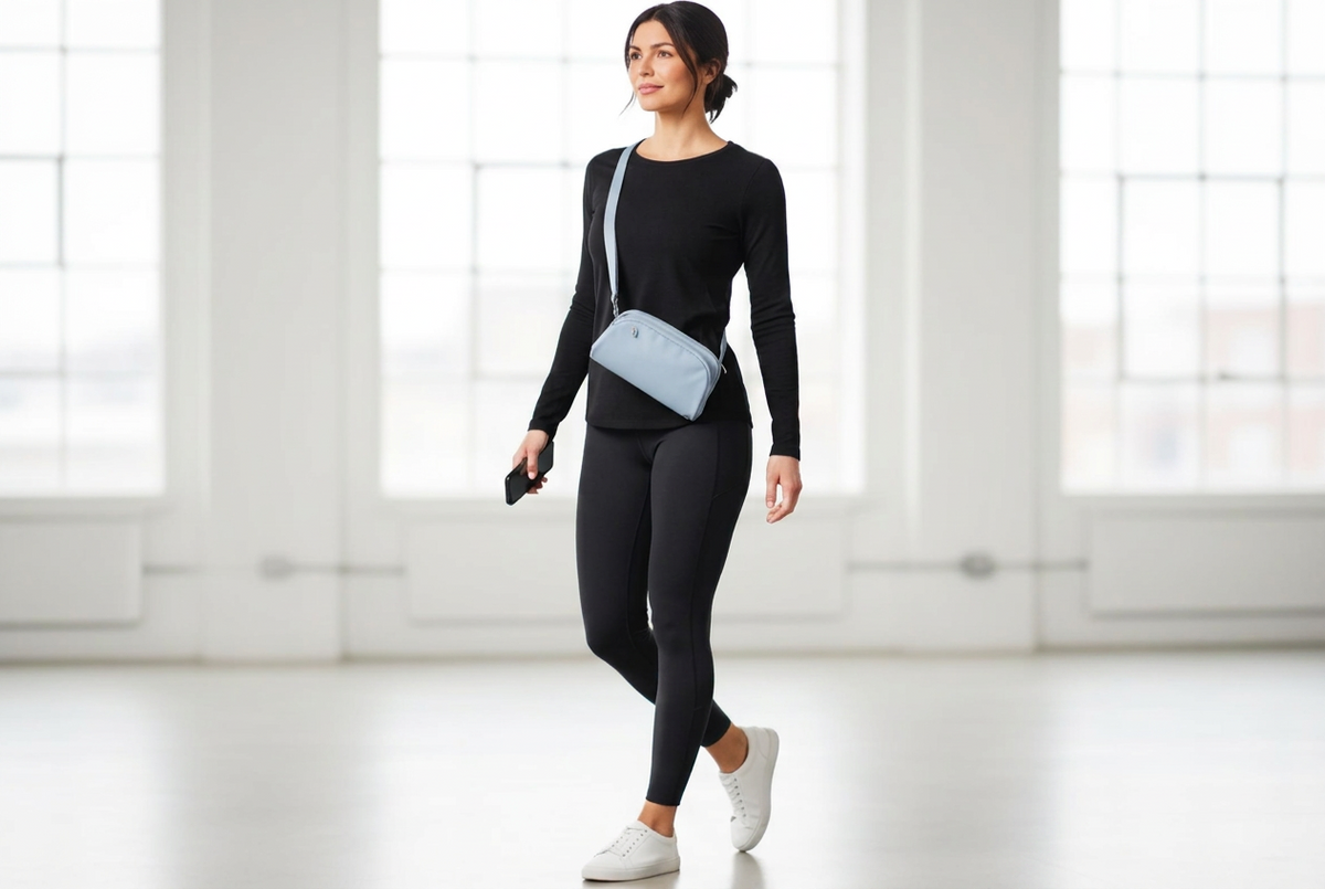 Woman in black outfit with a blue bag walking in a bright room.