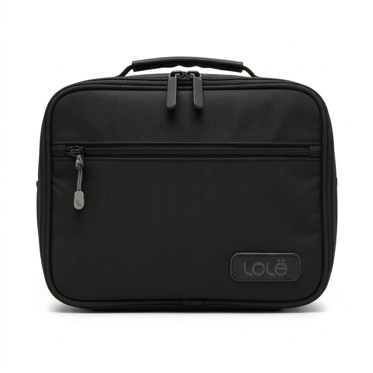 Black backpack with a visible brand logo on a white background