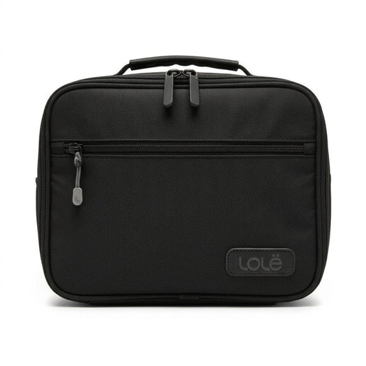 Black backpack with a visible brand logo on a white background