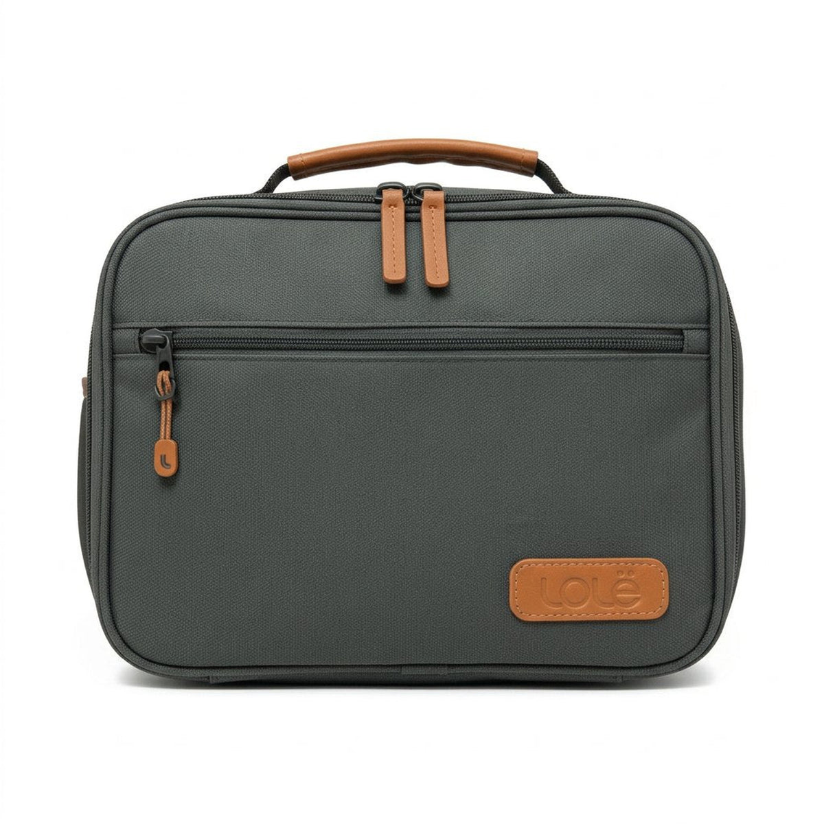 Gray toiletry bag with brown accents and 'Cote' branding on a white background