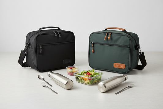 Two lunch bags with a salad and drink containers on a white background