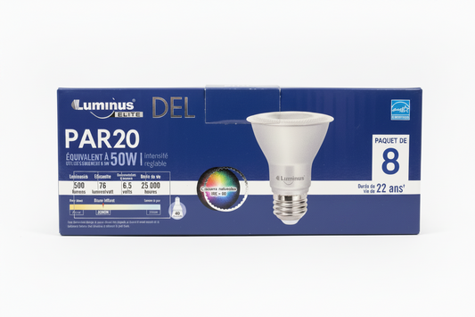 Luminus PAR20 LED bulb packaging on a white background