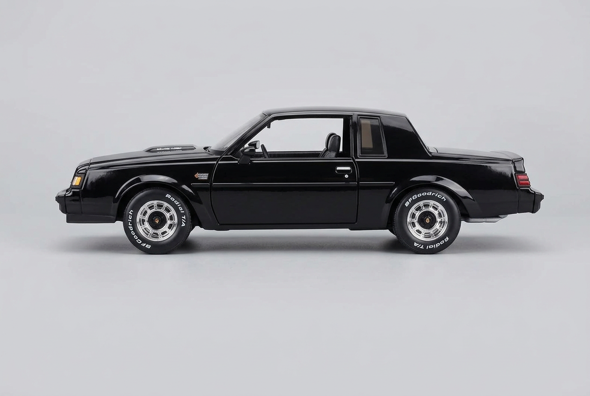 Side profile of the black Maisto 1987 Buick Grand National 1:18 die-cast model car