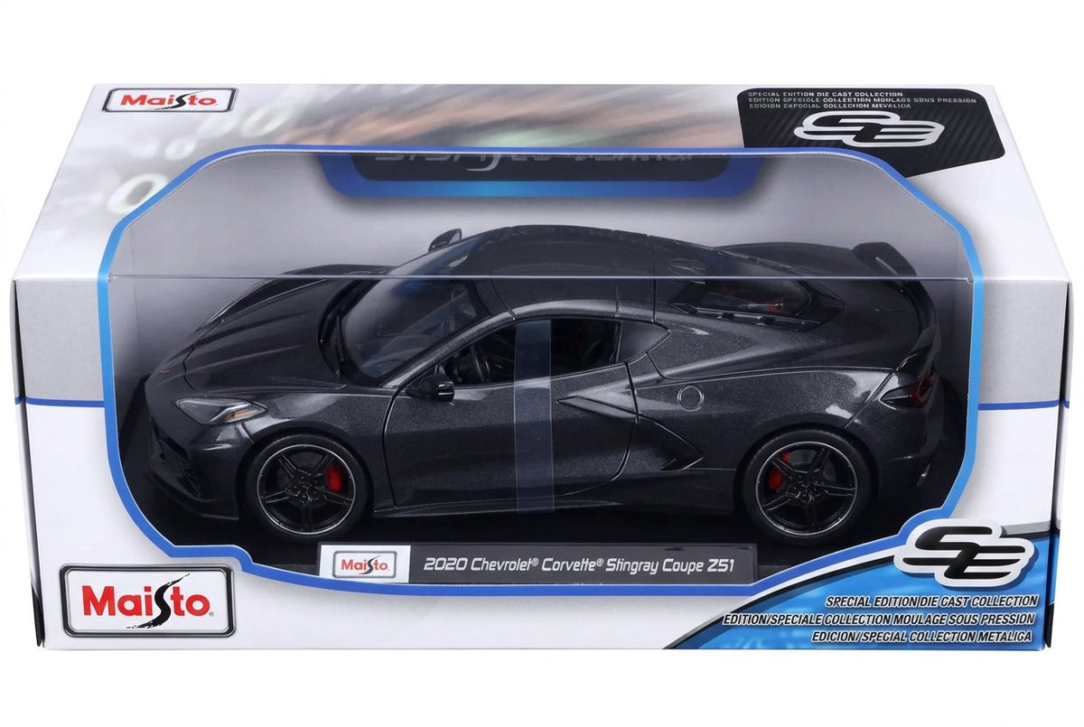 Front angle of the Maisto 2020 Corvette Stingray Z51 grey 1:18 model box