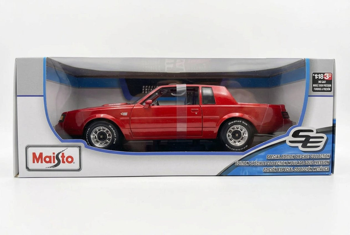 Side view of the red 1987 Buick Grand National 1:18 model in its window box