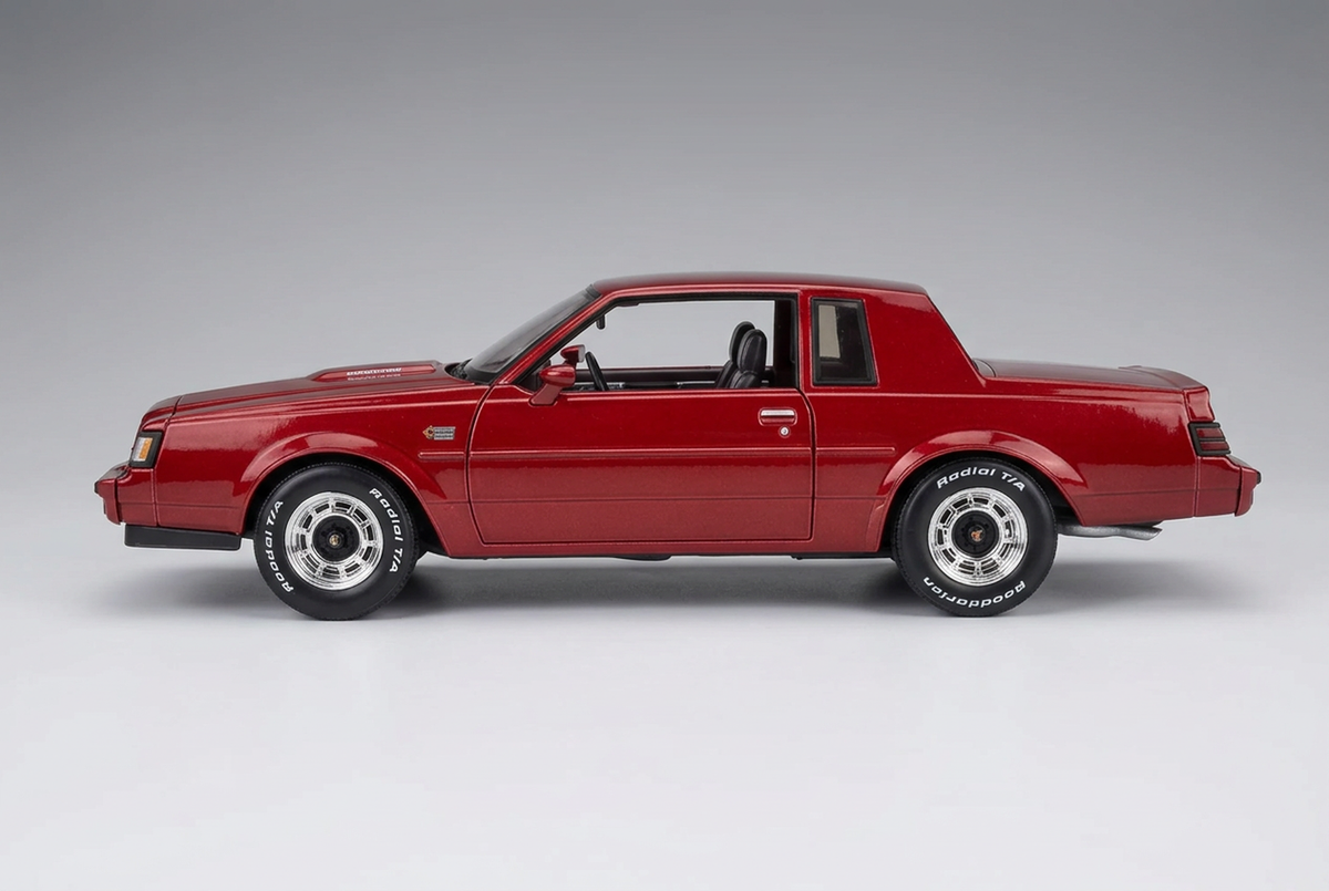 Side profile of the red Maisto 1987 Buick Grand National 1:18 die-cast model car