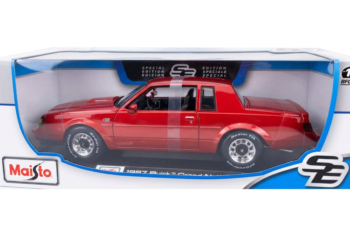 Close-up of the red Buick Grand National model with chrome wheels and Radial T/A tires