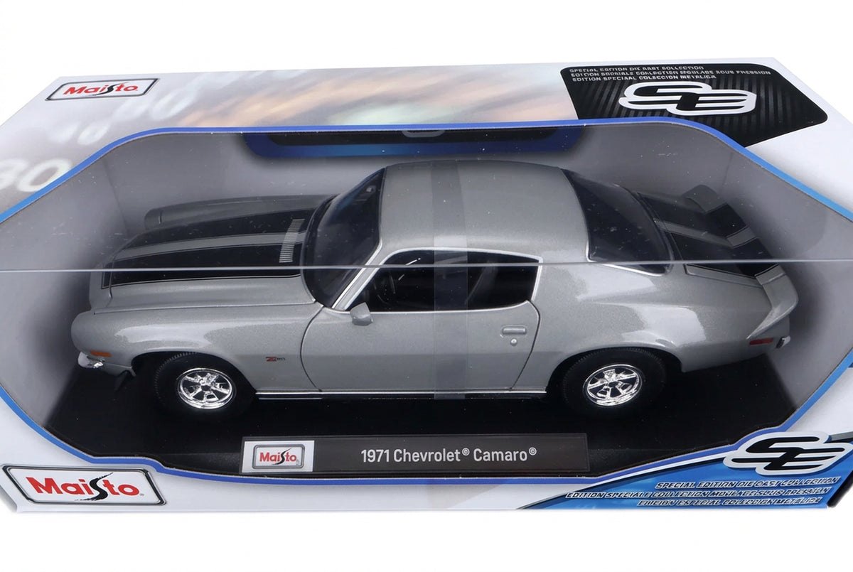 Grey 1971 Chevrolet Camaro Z28 1:18 model in its window box, seen from above