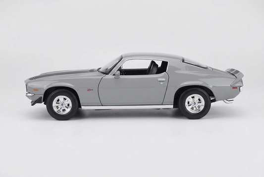 Side profile of the grey Maisto 1971 Chevrolet Camaro Z28 1:18 model with black stripes and rear spoiler