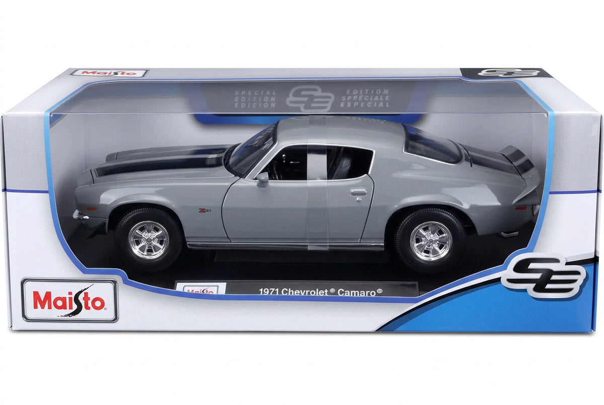 Side view of the grey 1971 Chevrolet Camaro 1:18 model with its rear spoiler
