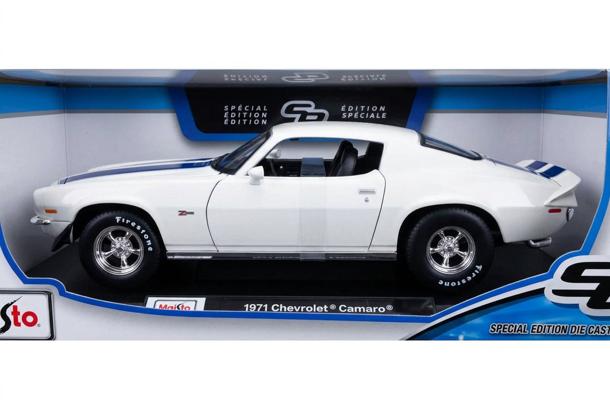 Side view of the white 1971 Chevrolet Camaro 1:18 model with Firestone tires