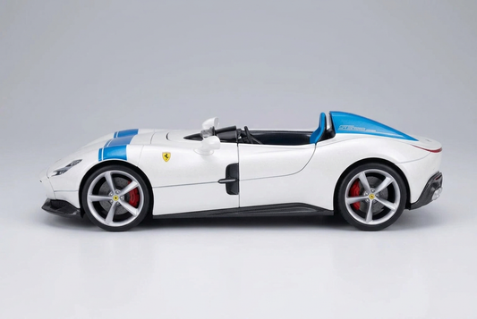 Side profile of the white Maisto Ferrari Monza SP1 1:18 die-cast model car with blue stripe