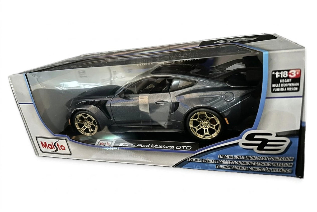 Grey Maisto 1:18 2025 Ford Mustang GTD box shown at an angle