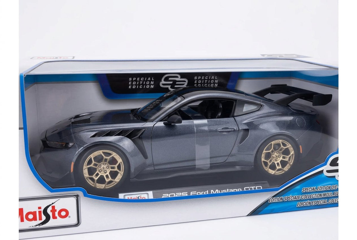 Front angle of the grey 2025 Ford Mustang GTD 1:18 model with gold wheels