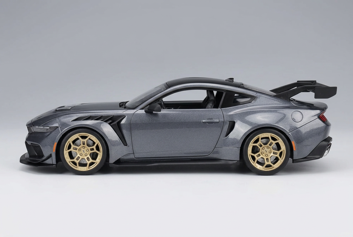 Side profile of the metallic grey Maisto 2025 Ford Mustang GTD 1:18 die-cast model car