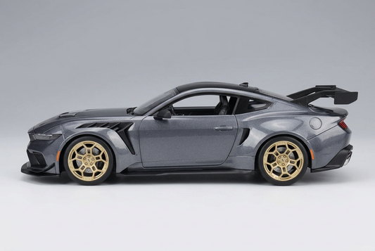 Side profile of the metallic grey Maisto 2025 Ford Mustang GTD 1:18 die-cast model car