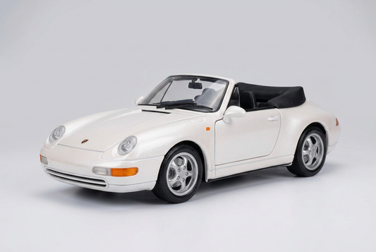 Pearl white Maisto Porsche 911 (993) Cabriolet 1:18 die-cast model car with the soft top folded