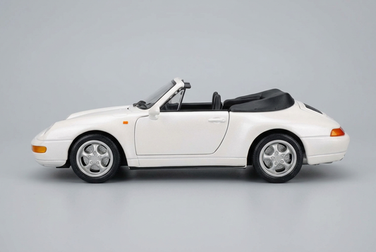 Side profile of the pearl white Maisto Porsche 911 Cabriolet 1:18 model with the soft top folded