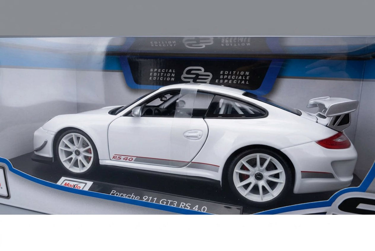 White Porsche 911 GT3 RS 4.0 1:18 model showing the RS 4.0 side graphics and rear wing