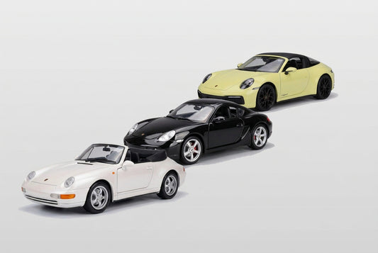 Maisto Special Edition 1:18 Porsche bundle: pearl white 911 Cabriolet, black Cayman S and pale yellow 911 Targa