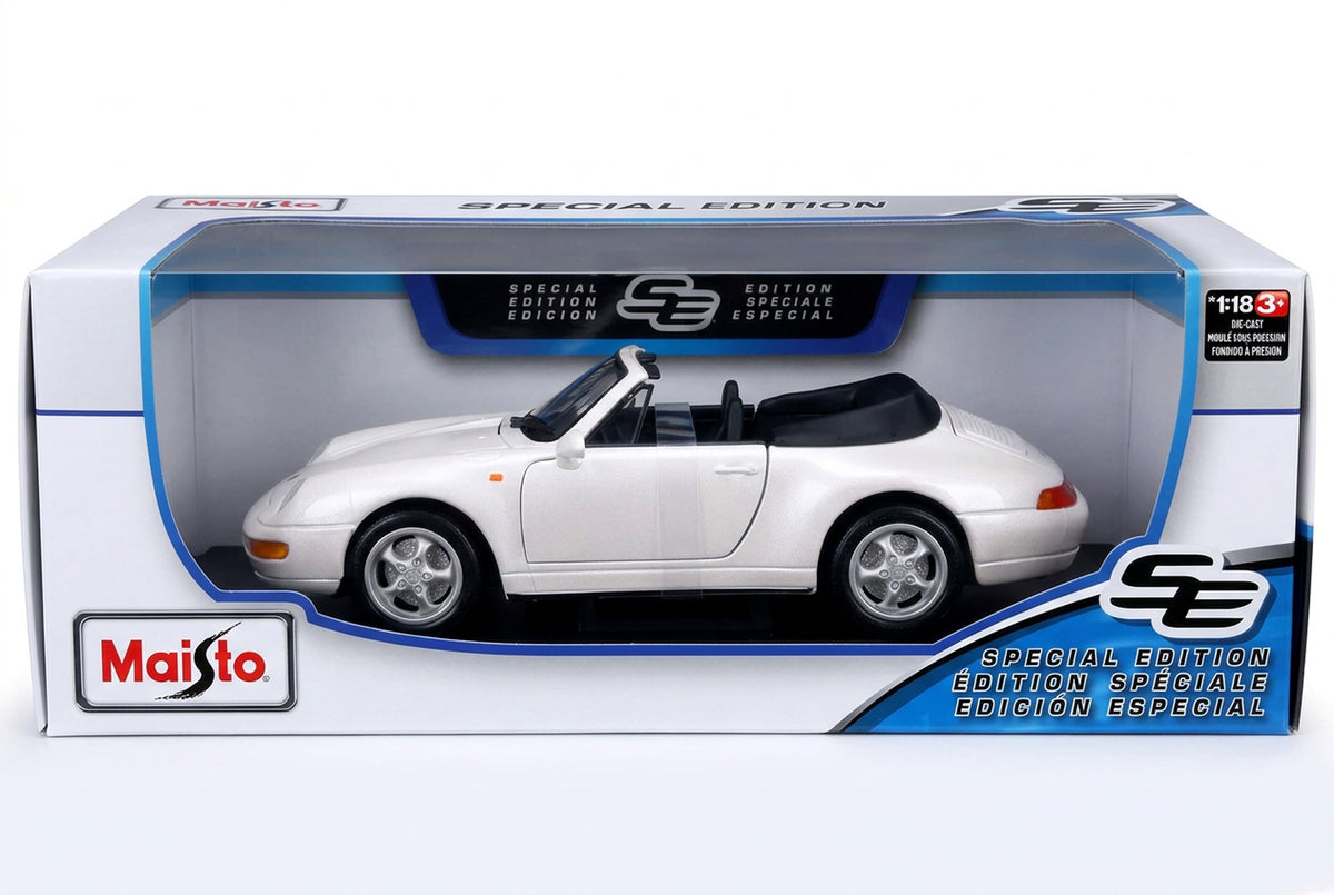 Maisto Special Edition box front with the pearl white Porsche 911 (993) Cabriolet 1:18 model