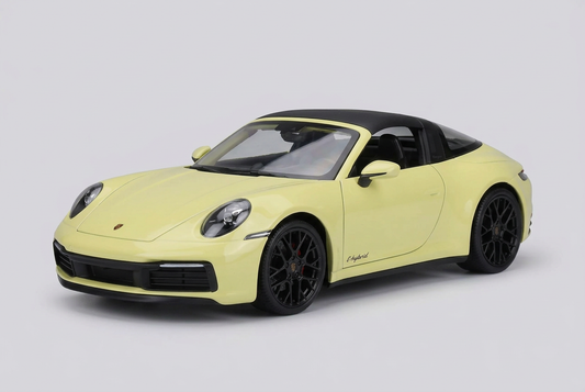 Pale yellow Maisto Porsche 911 Targa 1:18 die-cast model car with black roof and e-hybrid script