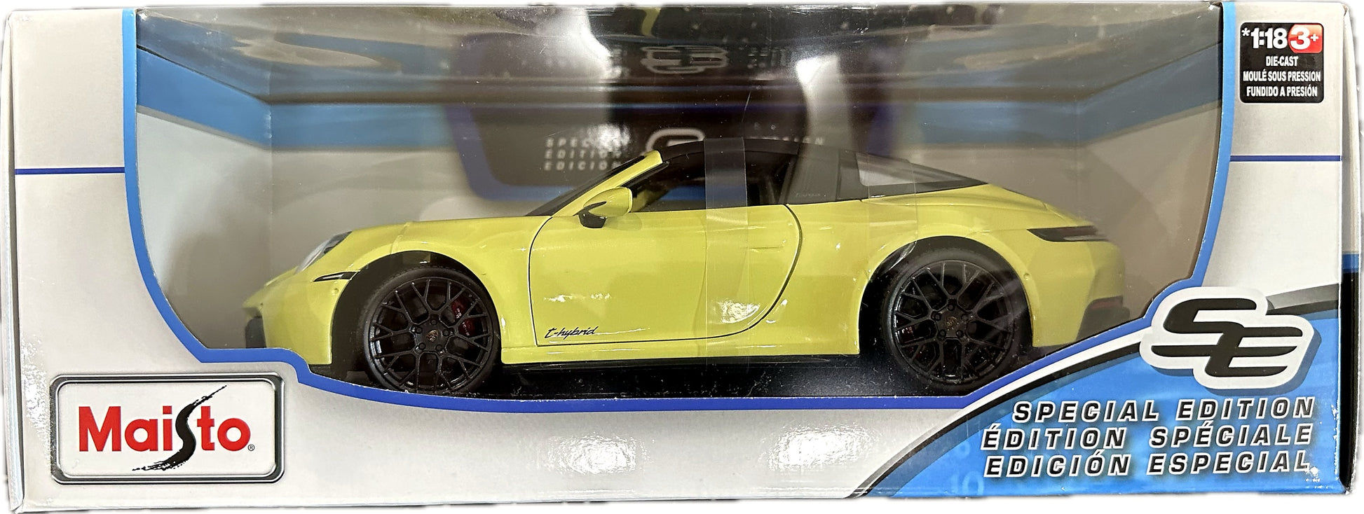 Maisto Special Edition 1:18 scale yellow E-Hybrid die-cast toy car in display box