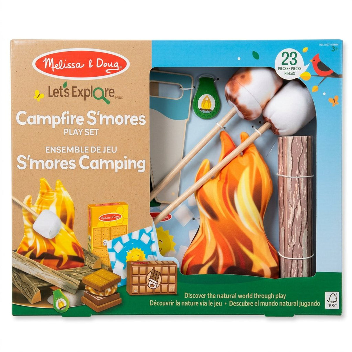 Melissa & Doug Campfire S'mores play set packaging with illustrations of a campfire and s'mores ingredients.
