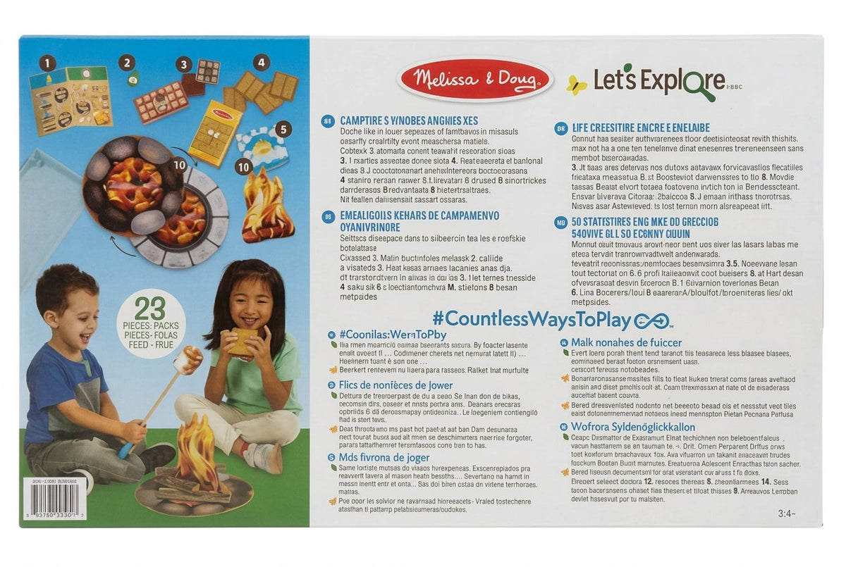 Back of a toy packaging with children playing around a campfire, featuring Melissa & Doug branding.