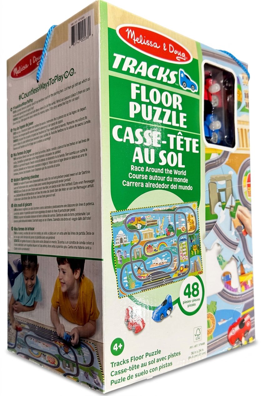 Melissa & Doug Tracks Floor Puzzle package angle with vehicles