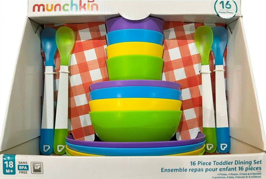 Munchkin 16-piece toddler dining set in packaging with colorful bowls, spoons, and forks.