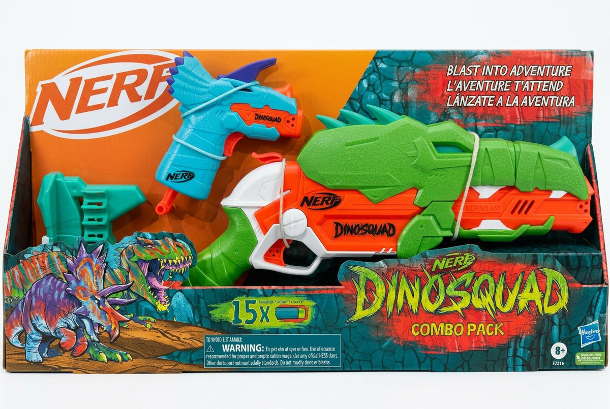 Nerf Dinosquad combo pack with multiple dinosaur-themed toys in front of a Nerf branded box.