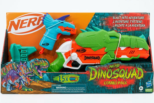 Nerf Dinosquad combo pack with multiple dinosaur-themed toys in front of a Nerf branded box.