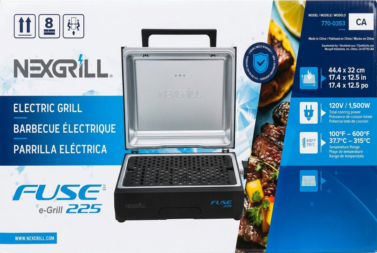 Nexgrill electric grill packaging with branding and product details.