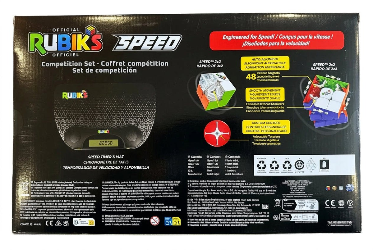 Rubik's Speed competition set packaging with various features highlighted on a black background