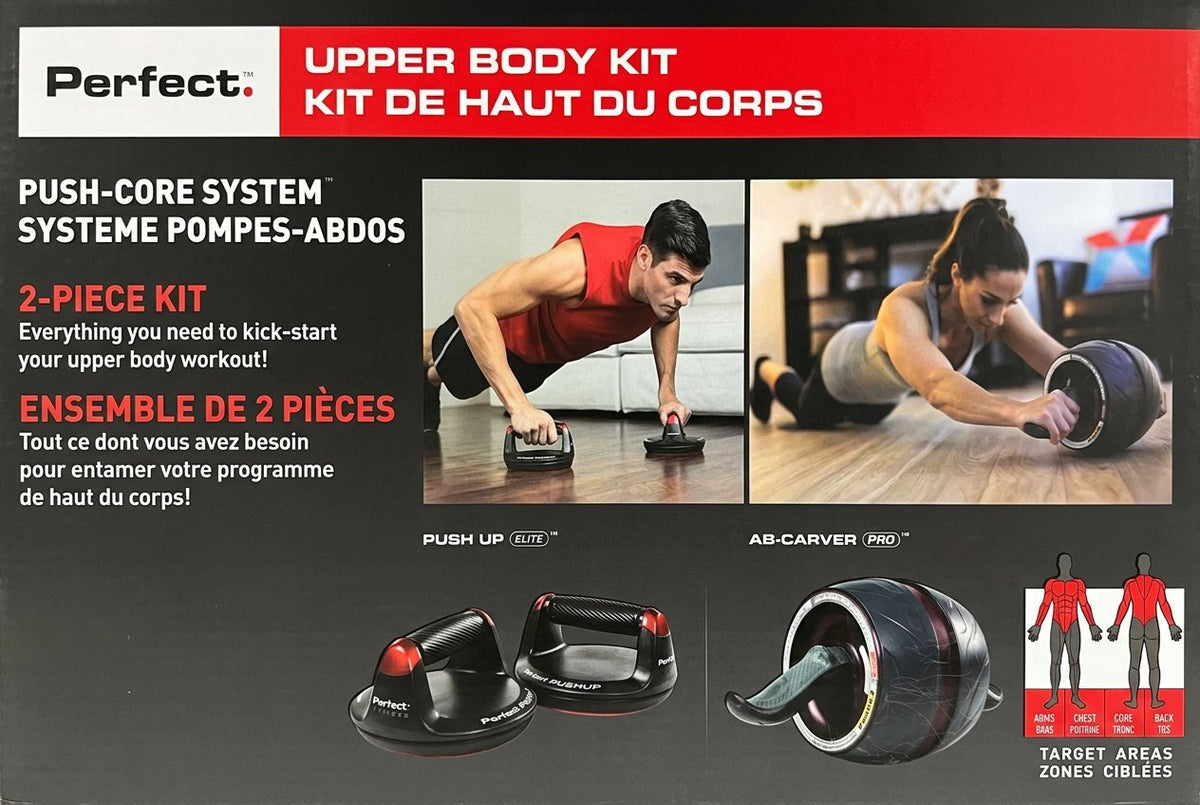 Advertisement for a Perfect Upper Body Kit with images of people using the equipment and text detailing the product.