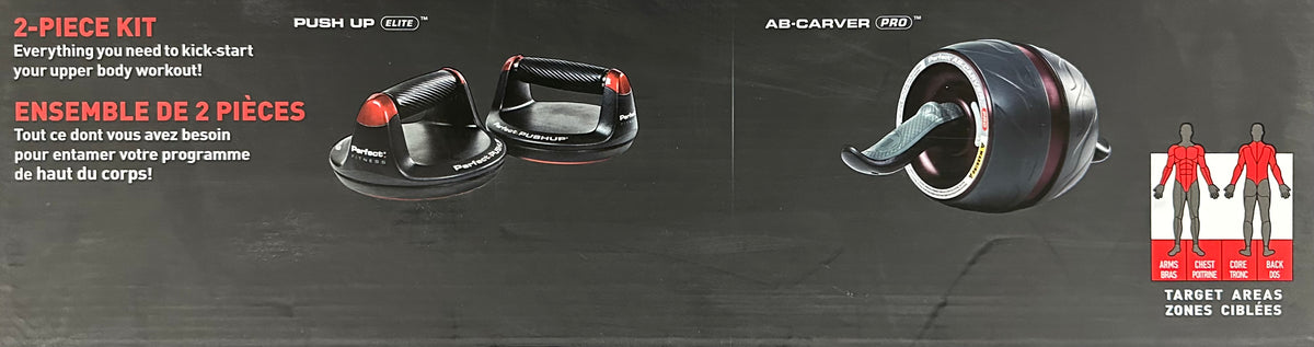 Two-piece fitness kit with push-up bar and ab roller on a dark background