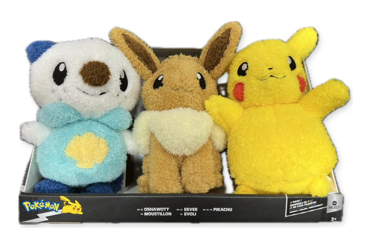 Pokémon Select Cuddly plush 3-pack in box with Oshawott, Eevee and Pikachu